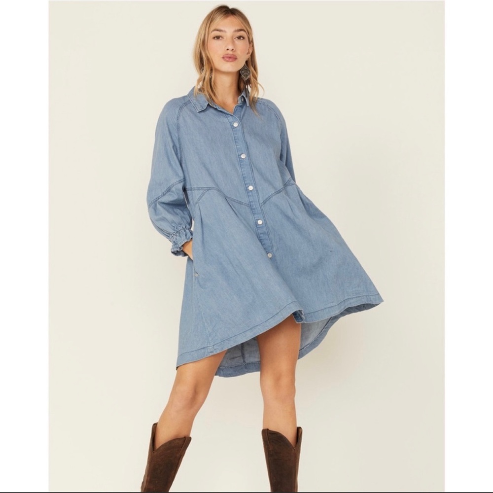 FREE PEOPLE WOMEN'S HANNAH LONG SLEEVE DENIM MINI DRESS